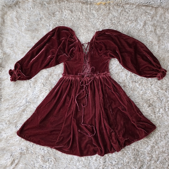 Free People Daphne Velvet Mini Dress Open Lace-up Back Deep Red - Picture 5 of 16